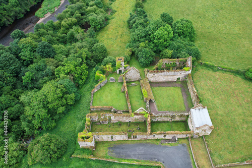 Aerial view of Bridgetown Abbey, a 13th-century Augustinian monastery of the Canons Regular of St. Victor in Castletownroche, County Cork, Ireland