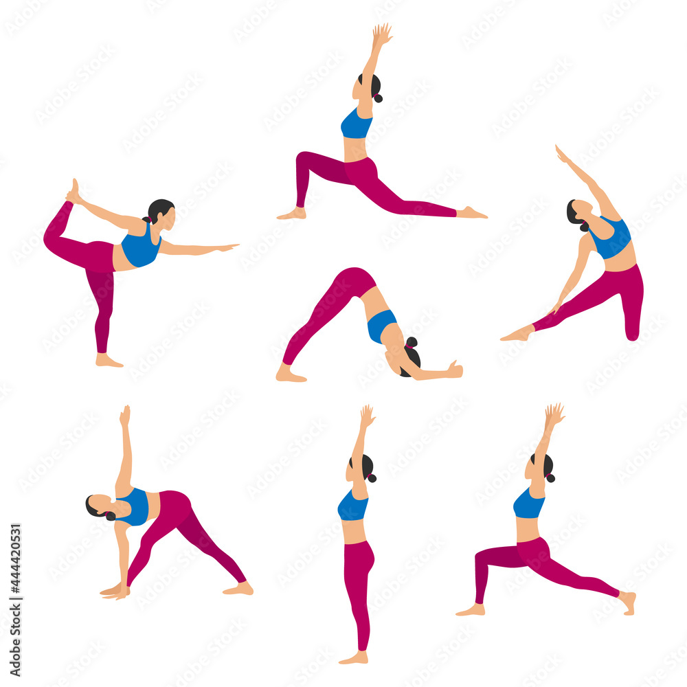 Set of slim sportive young woman doing yoga, Yoga complex, fitness exercises. Healthy lifestyle. Collection of female characters demonstrating various yoga positions isolated on white background