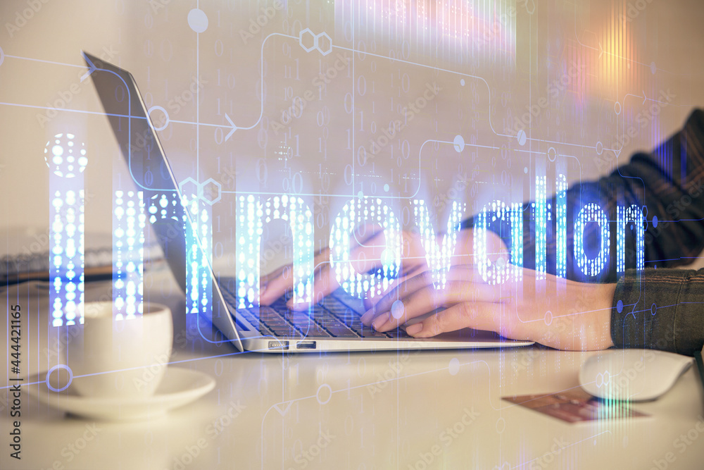 Multi exposure of woman hands working on computer and data theme hologram drawing. Tech concept. Multi exposure of woman hands working on computer and data theme hologram drawing. Tech concept.