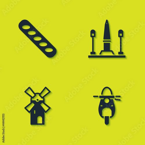 Set French baguette bread, Scooter, Windmill and Place De La Concorde icon. Vector
