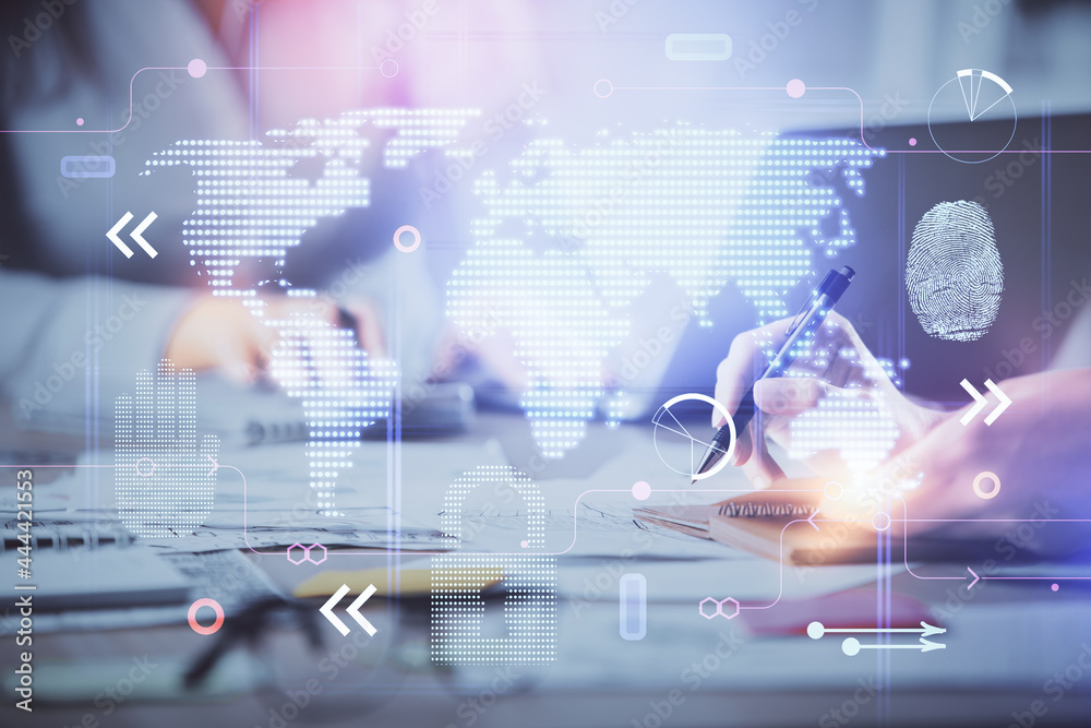 Double exposure of woman hands working on computer and world map hologram drawing. International technology business concept. Double exposure of woman hands working on computer and world map hologram drawing. International technology business concept.