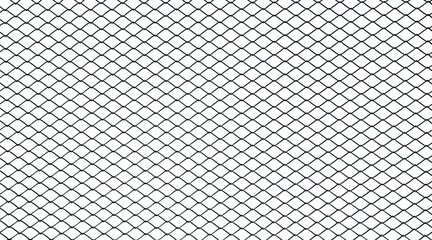 Background of black metal netting mesh. Metal links wire mesh rabitz isolated on white background. Old rusty cellular metallic fence in outdoor close up. Black and white.