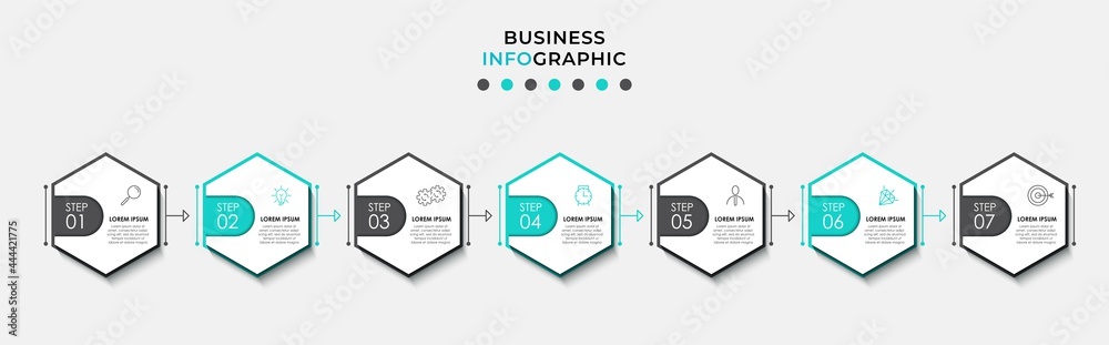 Vector Infographic design business template with icons and 7 options or steps. Can be used for process diagram, presentations, workflow layout, banner, flow chart, info graph Vector Infographic design business template with icons and 7 options or steps. Can be used for process diagram, presentations, workflow layout, banner, flow chart, info graph