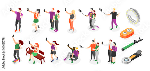 Selfie Day Isometric Icon Set
