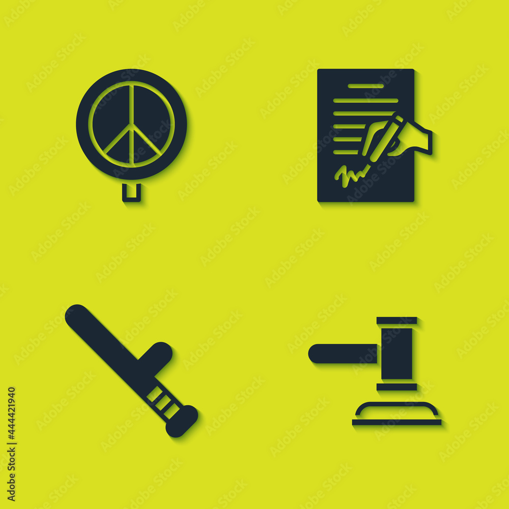 Set Peace, Judge gavel, Police rubber baton and Petition icon. Vector