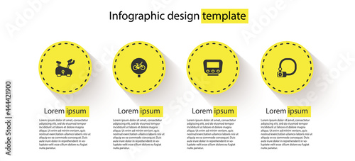 Set Stationary bicycle, Bicycle, speedometer and lock. Business infographic template. Vector