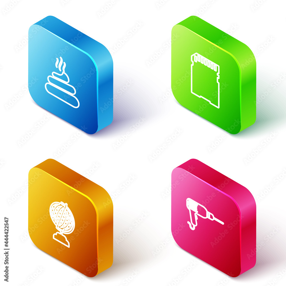 Set Isometric line Shit, SD card, Earth globe and Drill machine icon. Vector Set Isometric line Shit, SD card, Earth globe and Drill machine icon. Vector