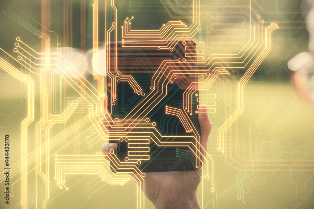 Double exposure of tech icon hologram and woman holding and using a mobile device. Technology concept. Double exposure of tech icon hologram and woman holding and using a mobile device. Technology concept.