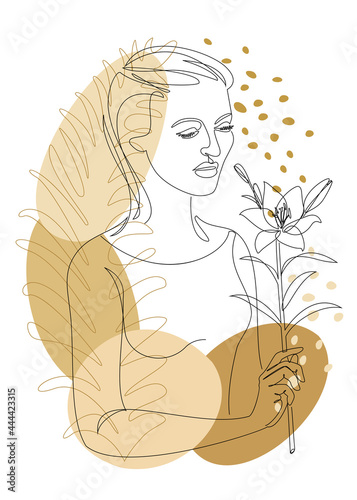 The girl holds in her hand a lily flower and leaves of a plant. Silhouettes in modern trendy style with one line. Solid outline for decor  posters  stickers  logo. Vector illustration.