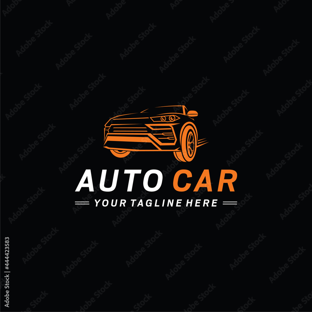 Fototapeta premium Modern vector logo template featuring a dynamic sport car illustration in vibrant orange. Perfect for automotive repair shops, car detailing, rentals, dealerships, or racing club branding.