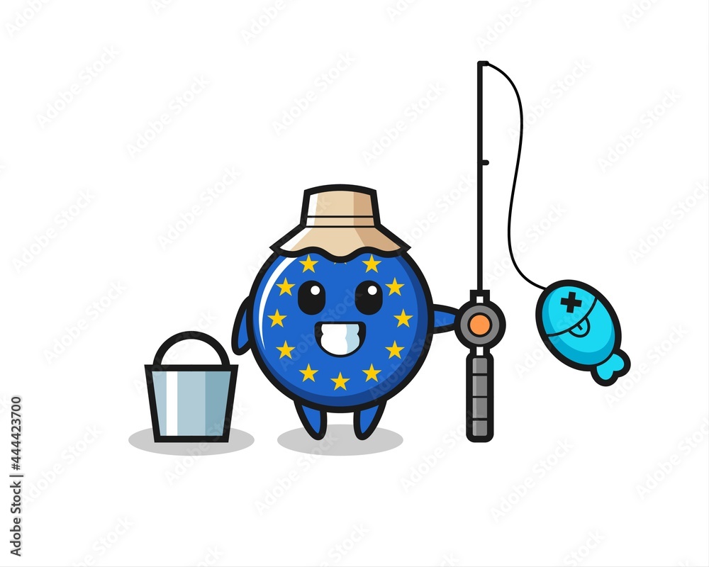 Mascot character of europe flag badge as a fisherman