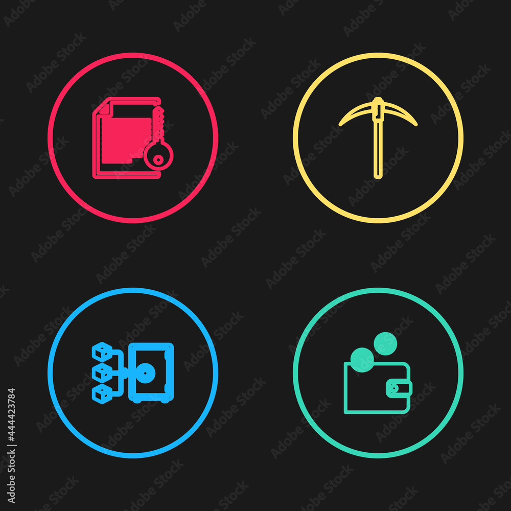 Set line Proof of stake, Cryptocurrency wallet, Pickaxe and Smart contract icon. Vector Set line Proof of stake, Cryptocurrency wallet, Pickaxe and Smart contract icon. Vector