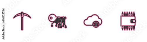 Set line Pickaxe, Cryptocurrency cloud mining, key and wallet icon. Vector
