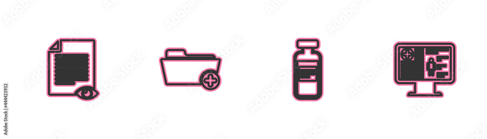 Fototapeta premium Set line Paper page with eye, Medical vial, ampoule, Health record folder and Clinical on monitor icon. Vector