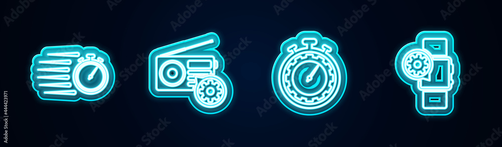 Set line Stopwatch, Radio setting, Time management and Smartwatch. Glowing neon icon. Vector Set line Stopwatch, Radio setting, Time management and Smartwatch. Glowing neon icon. Vector