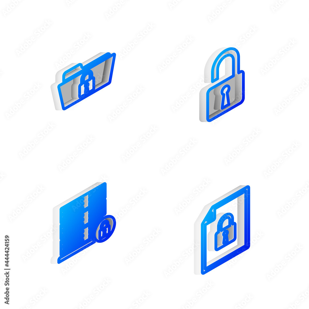 Set Isometric line Open padlock, Folder and, Server security with and Document icon. Vector Set Isometric line Open padlock, Folder and, Server security with and Document icon. Vector