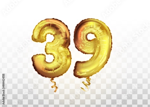 vector Golden foil number 39 thirty nine metallic balloon. Party decoration golden balloons. Anniversary sign for happy holiday, celebration, birthday, carnival, new year photo