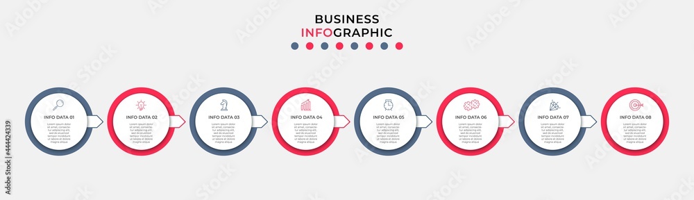 Vector Infographic design business template with icons and 8 options or steps. Can be used for process diagram, presentations, workflow layout, banner, flow chart, info graph Vector Infographic design business template with icons and 8 options or steps. Can be used for process diagram, presentations, workflow layout, banner, flow chart, info graph