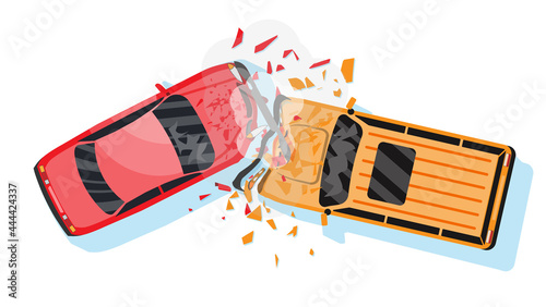 Road Accident Between Two Cars. Vehicle Collision Isolated on White. Broken Wings and Bumpers, Crashed Windows. Top View. Traffic Regulations. Rules of the Road. Vector Illustration in Flat Style