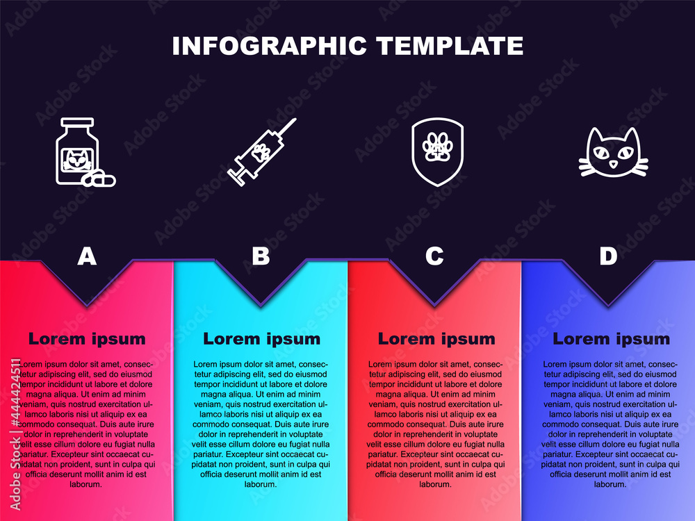 Set line Cat medicine bottle and pills, Syringe with pet vaccine, Animal health insurance and . Business infographic template. Vector Set line Cat medicine bottle and pills, Syringe with pet vaccine, Animal health insurance and . Business infographic template. Vector