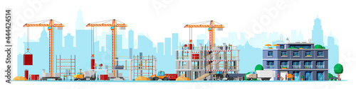 Construction Site Stages Isolated on White. Different Stages of Construction Process. Building Under House. Building Activity, Working Cranes, Workers and Machines. Cartoon Flat Vector Illustration