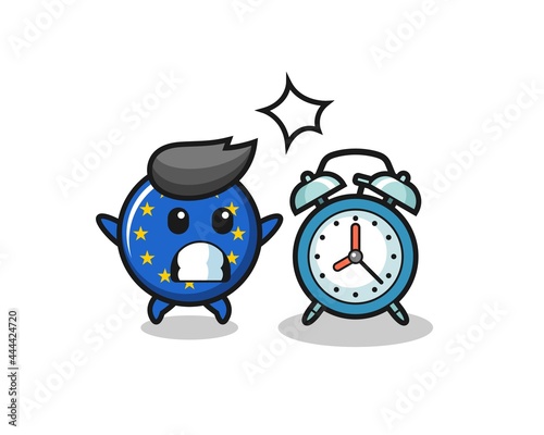 Cartoon Illustration of europe flag badge is surprised with a giant alarm clock
