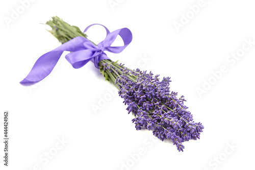 Lavender flowers bouquet with purple ribbon isolated on white background