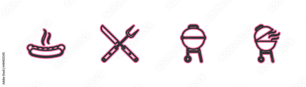 Set line Hotdog sandwich, Barbecue grill, Crossed fork knife and icon. Vector Set line Hotdog sandwich, Barbecue grill, Crossed fork knife and icon. Vector