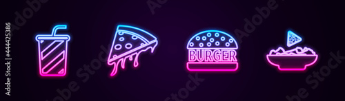 Set line Glass with water, Slice of pizza, Burger and Nachos in plate. Glowing neon icon. Vector