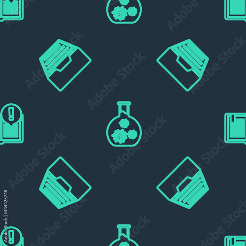 Set line Test tube with virus, Drawer documents and Interesting facts on seamless pattern. Vector