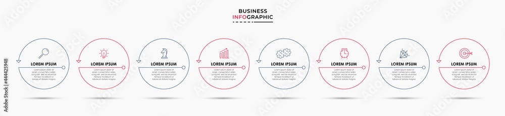 Fototapeta premium Vector Infographic design business template with icons and 8 options or steps. Can be used for process diagram, presentations, workflow layout, banner, flow chart, info graph