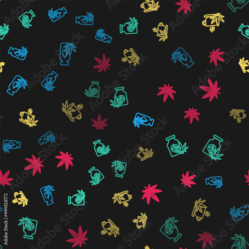 Set line Marijuana or cannabis leaf oil, Medical bottle with marijuana, Cup tea and on seamless pattern. Vector