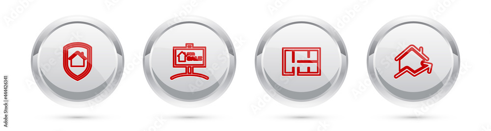 Set line House under protection, Hanging sign with For Sale, plan and Rising cost of housing. Silver circle button. Vector