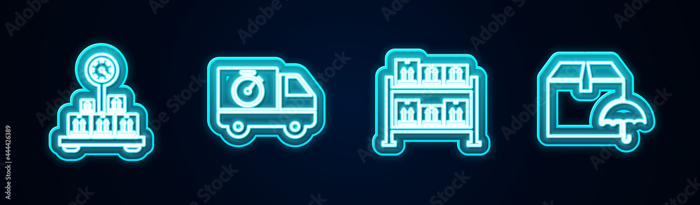 Set line Scale with cardboard box, Delivery truck and stopwatch, Warehouse and package umbrella. Glowing neon icon. Vector Set line Scale with cardboard box, Delivery truck and stopwatch, Warehouse and package umbrella. Glowing neon icon. Vector