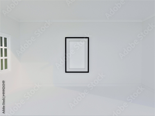 Interior space with wall photo frame hanging, Minimal white wall, floor, ceiling 3d rendering illustration.