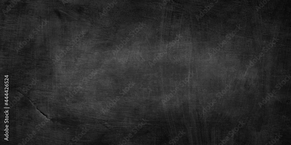 Blank wide screen Real chalkboard background texture in college concept for back to school panoramic wallpaper for black friday white chalk text draw graphic. Empty surreal room wall blackboard