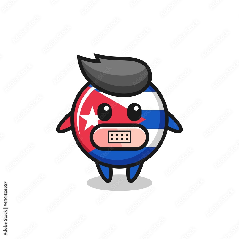 Cartoon Illustration of cuba flag badge with tape on mouth