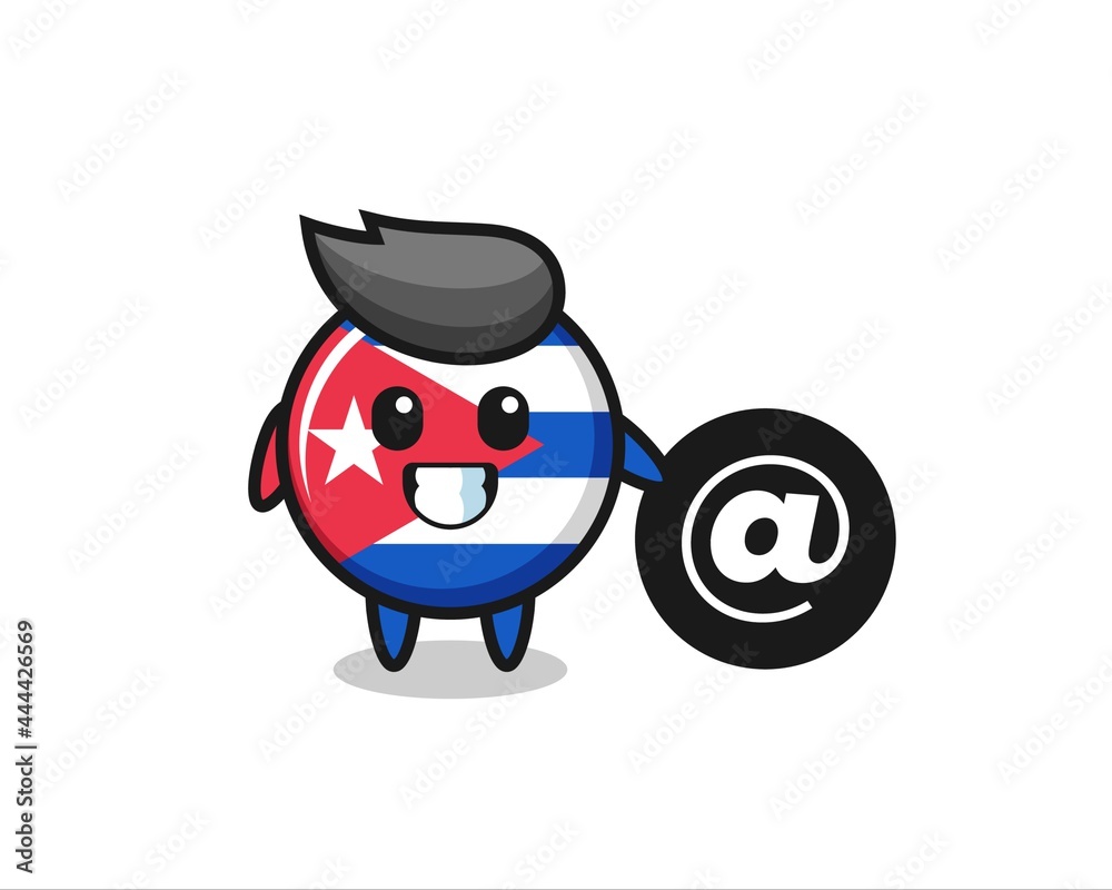 Cartoon Illustration of cuba flag badge standing beside the At symbol Cartoon Illustration of cuba flag badge standing beside the At symbol