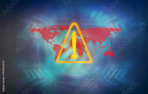red world map and exclamati...
