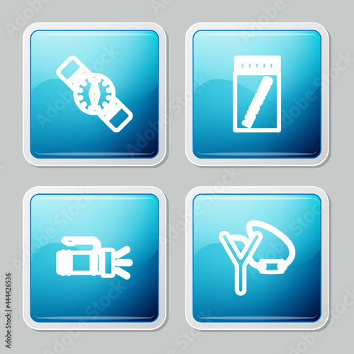 Set line Compass, Open matchbox and matches, Flashlight and Slingshot icon. Vector