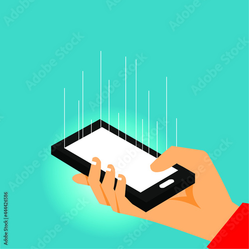 hand holding smartphone and some lines coming out of it