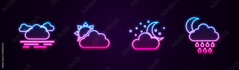 Set line Cloud, Sun and cloud weather, with moon stars and rain. Glowing neon icon. Vector Set line Cloud, Sun and cloud weather, with moon stars and rain. Glowing neon icon. Vector