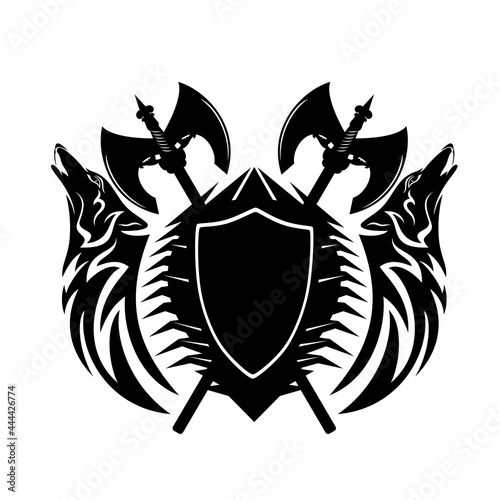 two howling wolf heads with heraldic shield and crossed scandinavian battle axes - nordic coat of arms black and white vector silhouette design