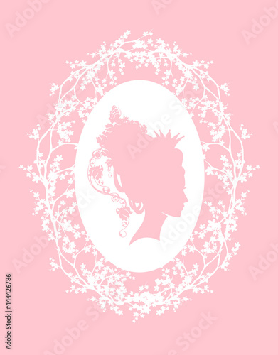 elegant fairy tale queen or princess wearing crown with rose flowers and butterfly among blooming branches - royal head portrait vector silhouette design