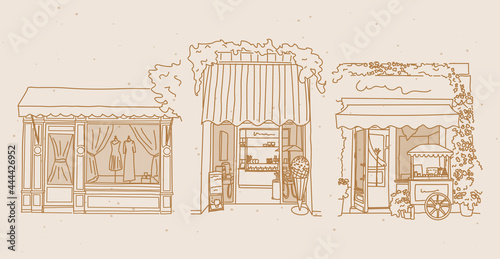 Vector set of hand drawn retro vintage / Boho storefronts for social media and web / logo design.
