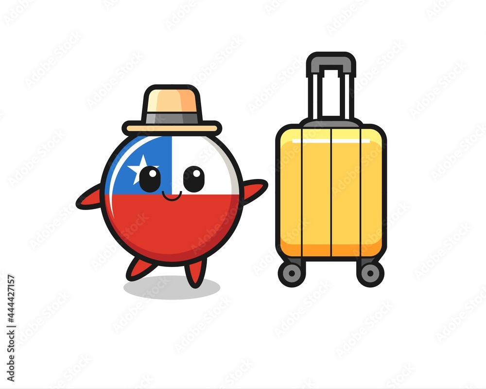 chile flag badge cartoon illustration with luggage on vacation