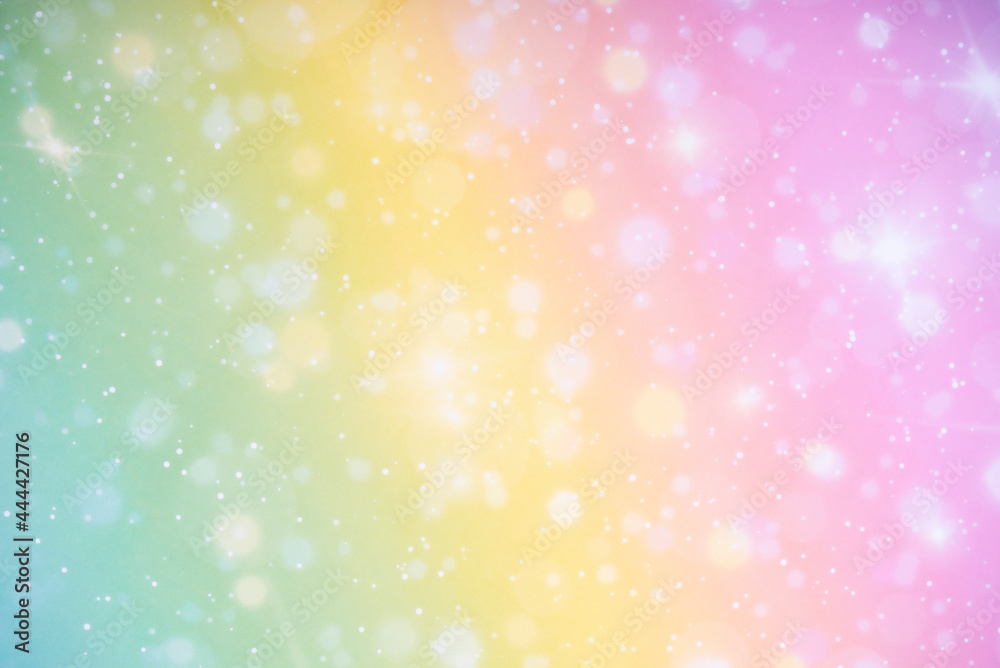 Unicorn background with rainbow gradient and magic sparkles, stars and blurs. Fantasy gradient backdrop in princess colours. 