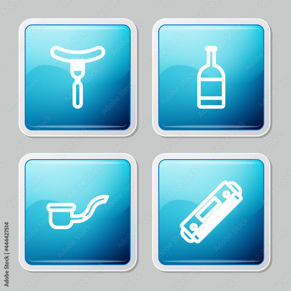 Set line Sausage on the fork, Beer bottle, Smoking pipe and Harmonica icon. Vector Set line Sausage on the fork, Beer bottle, Smoking pipe and Harmonica icon. Vector