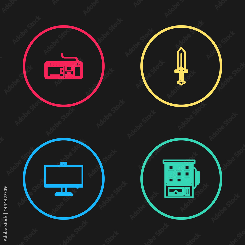 Set line Computer monitor, Slot machine, Sword for game and keyboard icon. Vector Set line Computer monitor, Slot machine, Sword for game and keyboard icon. Vector
