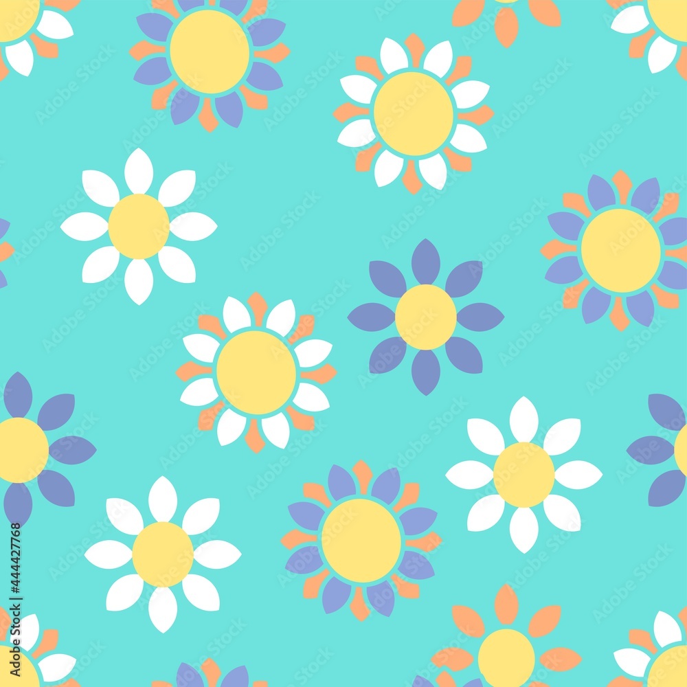 Geometric Daisy Repeating Vector Pattern In White, Orange And Purple On An Aqua Background Geometric Daisy Repeating Vector Pattern In White, Orange And Purple On An Aqua Background